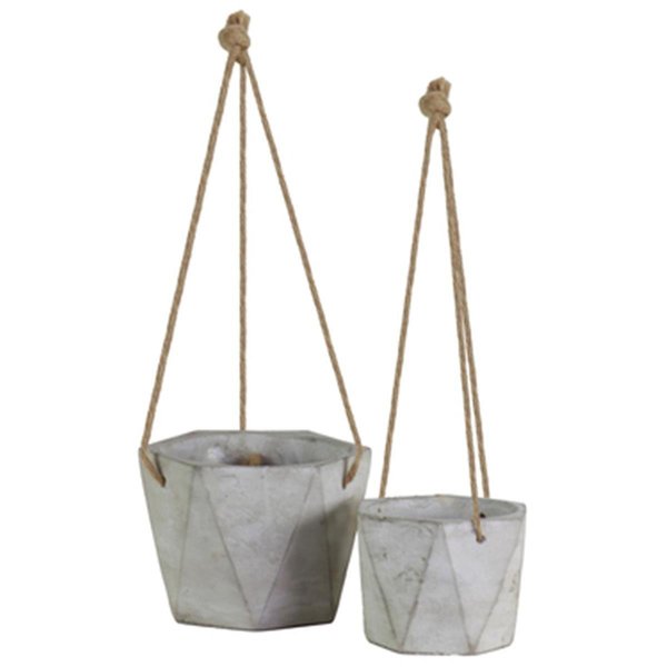 Urban Trends Collection Cement Tall Hexagonal Pot with Patterned Body  Rope Handle Gray Set of 2 35734
